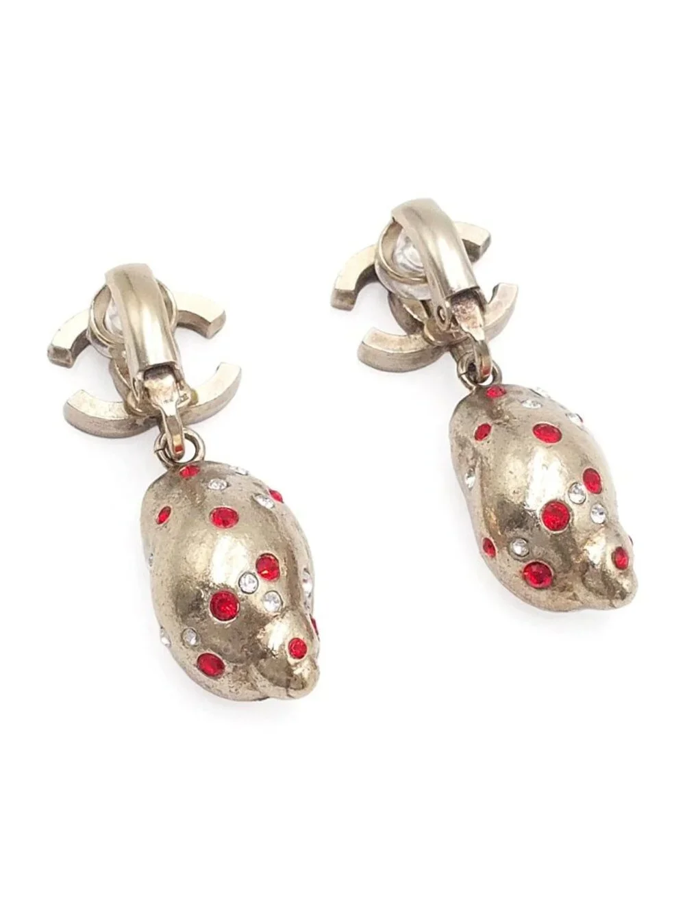 Chanel Earrings Light Gold Metal CC Logo Rhinestone Seashell Costume 05c